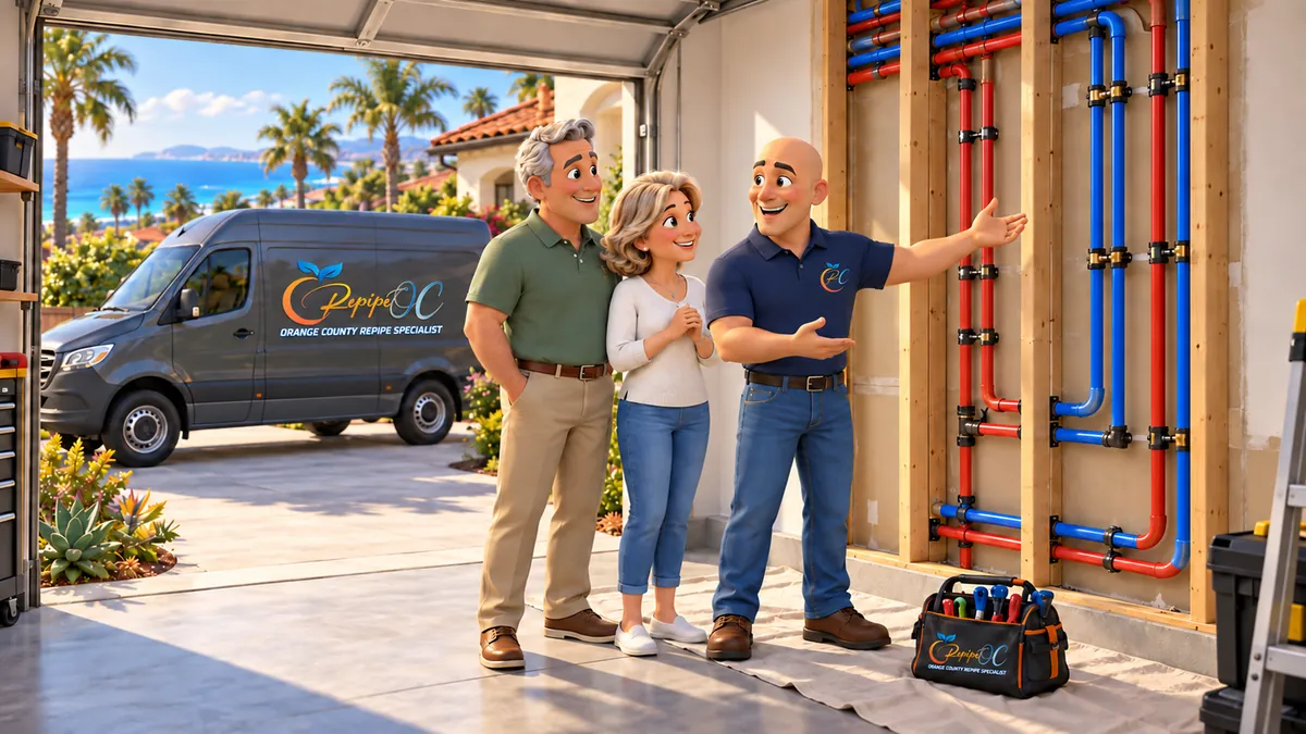 Illustration of a repipe walkthrough at an open garage wall with PEX lines, from our Laguna Beach guide: Can PEX Be Exposed to Sunlight? Exterior Runs on Laguna Beach Hillside Homes and How to Protect New Water Lines